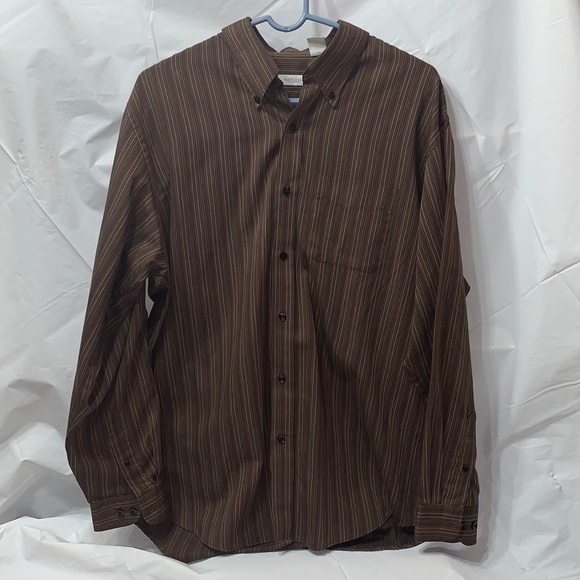 VAN Heusen Brown & Copper Striped Button Up Long Sleeve Shirt w/ pocket Size L - Picture 1 of 4